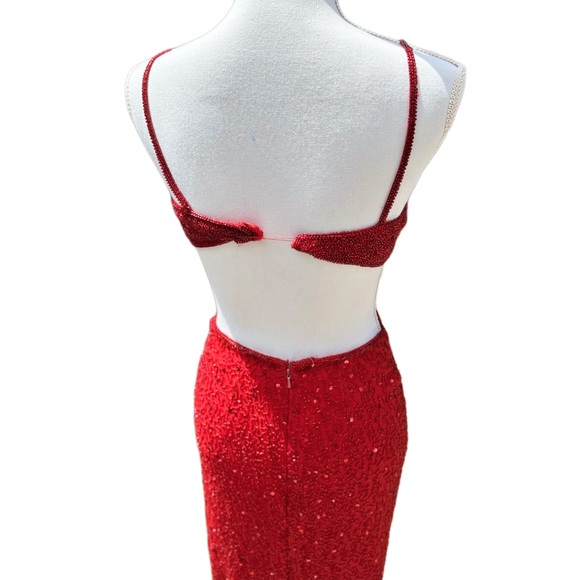 Y2K Scala Red Sequin & Beaded Floor Length Silk Open-back Prom Dress Size S - Picture 6 of 12